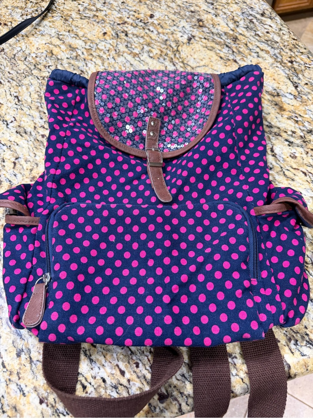 Navy and Hot Pink Polka Dot Canvas Backpack Brown Adjustable Straps Sequins Flap